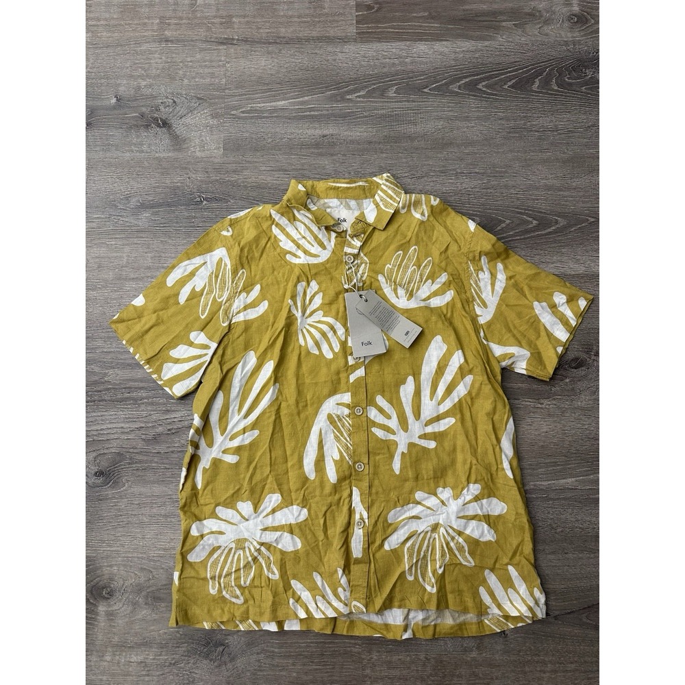NWT Folk Camp Shirt Mens M Gold Short Sleeve Button Linen Viscose Henno Beach